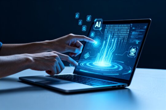 Hands interacting with AI on laptop screen