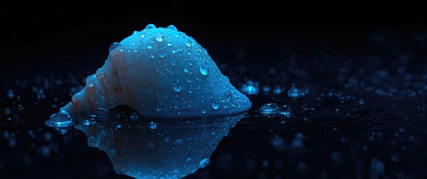 Close perspective on Perna Canaliculus shell with luminous blue shades and fresh water drops on a deep dark setting