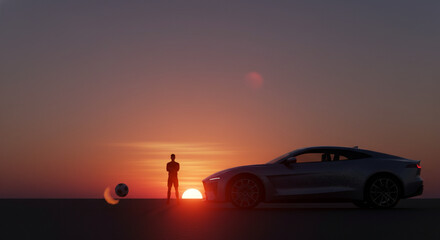 Silhouette of a man standing next to a sports car with a soccer ball at sunset with vibrant orange and purple sky