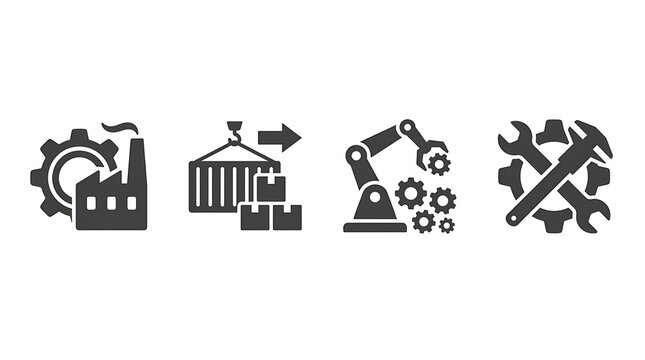 Set of four black industrial icons featuring factory production shipping logistics robotic arm automation and tools maintenance