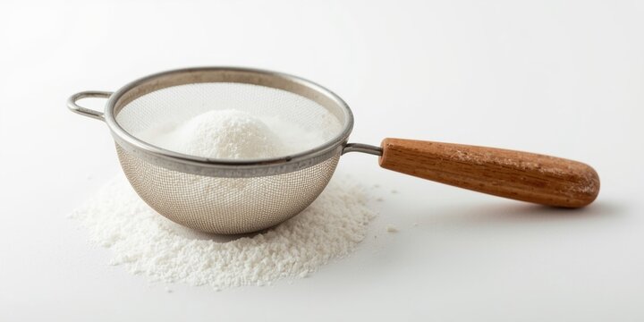 Cooking sieve with powder sugar mesh and wooden handle isolated on white background for kitchen use