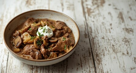 Fototapeta premium Creamy beef stroganoff with mushrooms and onions served in bowl on white wood with copy space