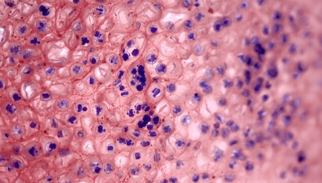 HE stained light microscopic image of oral mucosa squamous cells with desquamation and small blue bacterial colonies focused on right cell
