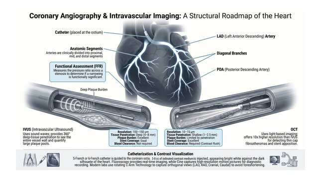 Coronary Angiography Visualization in Coronary artery disease &ndash; Detailed view of  coronary arterial tree filled with radiopaque contrast dye  - Coronary Angiography & Multimodal Intravascular Imaging