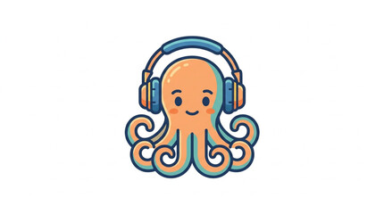 Cute cartoon octopus wearing headphones listening to music. © Areda