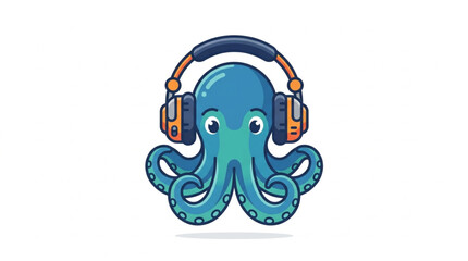 Cute cartoon octopus wearing headphones listening to music. © Areda