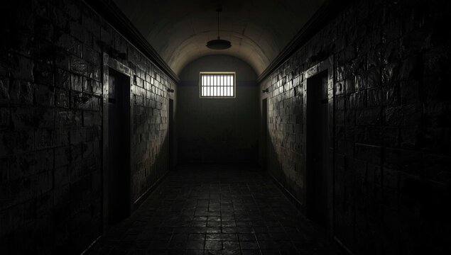 Gloomy prison cell interior featuring filtered light and aged textured walls