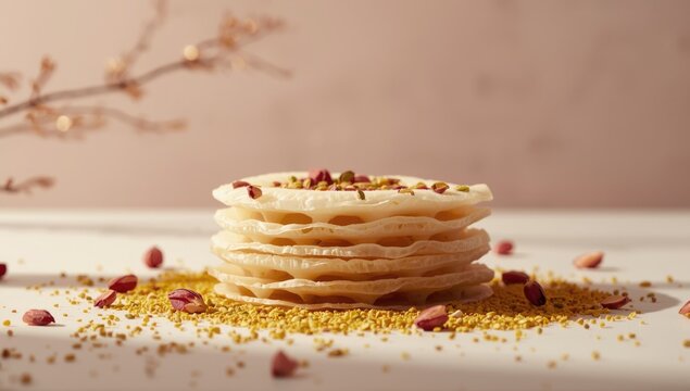 Festive layered dessert made of corn starch sheets soaked in rose water, pistachios, and milk