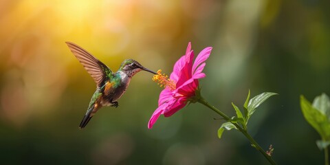 Obraz premium Delightful hummingbird sipping nectar from a bright pink flower on a sunny day