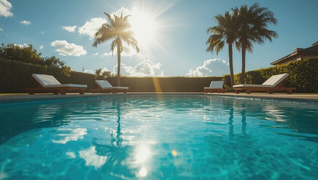 Crystal clear backyard pool with lounge chairs