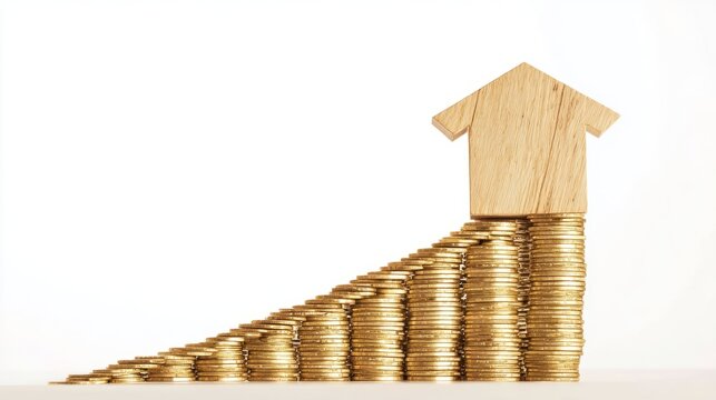 pure white background. A small house made of wood sits on top of a rising pile of gold coins, the pile ascending diagonally from bottom left to top right. The composition conveys real estate value app