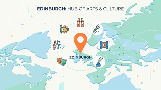 A flat design vector illustration showcasing a world map with Edinburgh highlighted, surrounded by various art icons, symbolizing the international scope and diverse offerings of the Edinburgh Interna