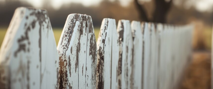 Close view of distressed white wooden fence with paint chipping