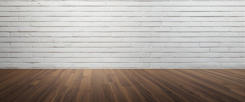 dark oak hardwood floor paneling paired with white brick wall background copy space