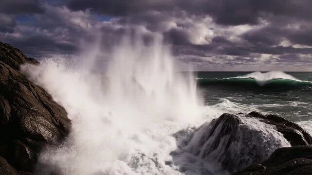 Ocean wave crashing on coastal rocks under a dramatic cloudy sky