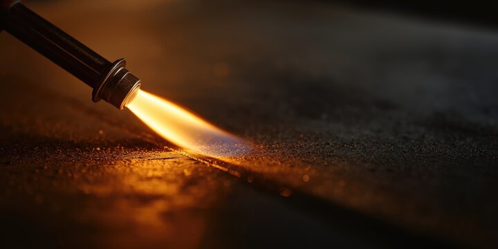 Detailed view of flame torch conducting fire resistance assessment on surface