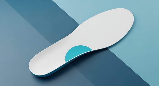 Orthopedic shoe insole for arch support and comfort with blue detail on a geometric blue background for footwear health