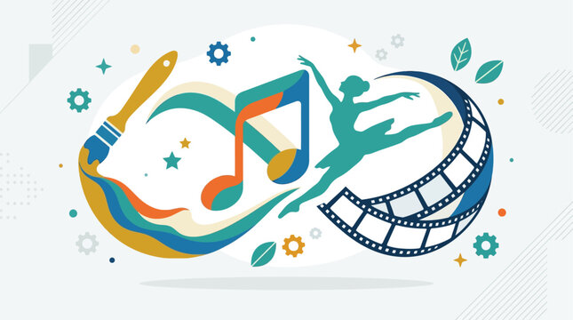 A dynamic flat design vector illustration abstractly fusing various art forms like music, dance, film, and visual art, symbolizing the multidisciplinary nature of the Edinburgh International Festival.