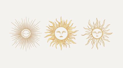 Fototapeta premium Three sun illustrations in gold hues, radiating warmth with smiling faces on a neutral background