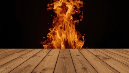 Fototapeta premium Close up shot of a wood fire with radiant amber flames and swirling beige smoke on a rectangular wooden floor