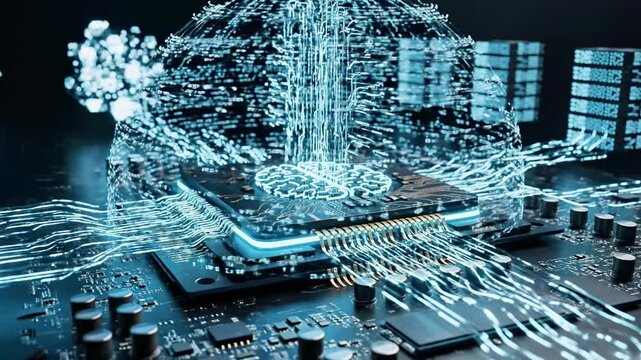 A futuristic computer chip with glowing blue circuits and wires