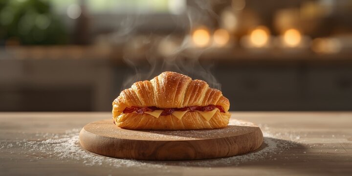 Golden puff pastry roll stuffed with bacon and cheese