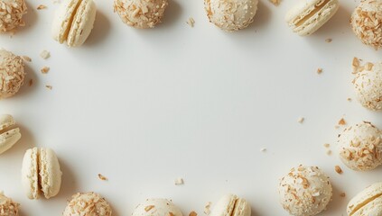 Obraz premium Coconut macaroons scattered on a white flat surface ideal for text addition