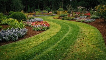 Obraz premium Colorful garden beds with a bending green grass route in a peaceful setting