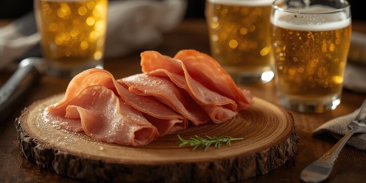 Culinary delight of thin dry ham slices and chilled beers presented on a rustic wood slab