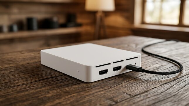 White gaming capture card device connected on rustic wooden table for video streaming recording hardware setup