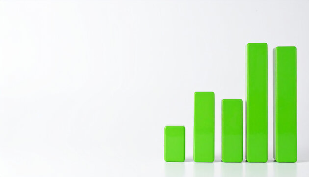 Minimal 3D green bar chart, glossy data visualization bars, business analytics and KPI improvement concept, financial growth and performance tracking theme. Close-up.