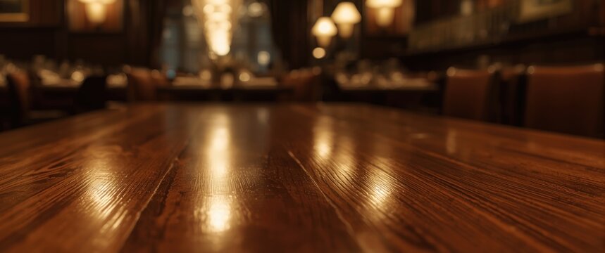 Gleaming hardwood table surface reflecting ambient light in a classy venue