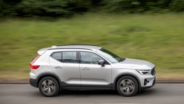 Milton Keynes,Bucks,UK - May 28th: 2024 silver Volvo xc40 hybrid electric SUV  car driving on a British road