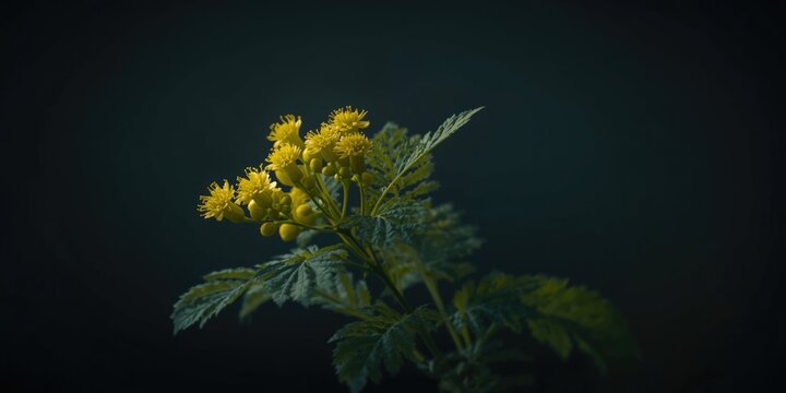 Close range photograph of Sonchus Asper with luminous yellow blossoms against a softly lit dark background accentuating plant details