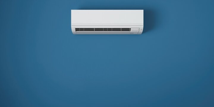 Contemporary indoor split AC unit on blue wall with open space for promotional text
