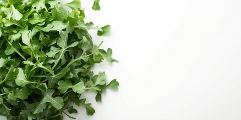 Obraz premium Freshly tossed arugula leaf salad showcased on white backdrop with text area