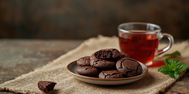 Gourmet chocolate cookies on a rustic plate next to a glass cup of mint tea with blurred background and empty copy space