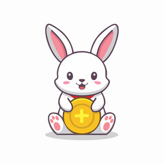 Obraz premium Cute cartoon rabbit holding a golden coin