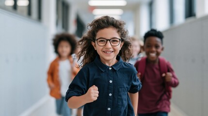 Obraz premium Smiling child leading classmates running in school corridor background for education banner and classroom poster design