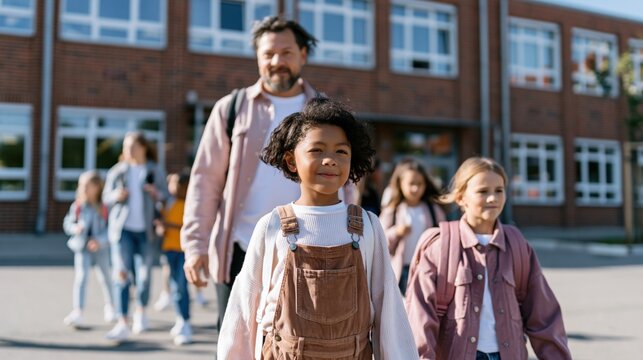 Schoolchildren elementary students walking from school entrance in a brick campus scene for banner design and background use