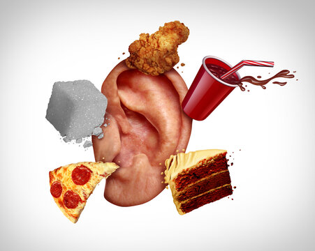 Conceptual illustration of food noise showing intrusive food thoughts cravings appetite regulation compulsive eating and the brain reward response to processed and fast food.