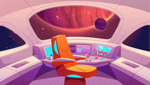 Spaceship cockpit interior with futuristic control panels and neon screens. Cartoon rocket cabin - panoramic window with Mars view, dashboard buttons and cosmic game atmosphere for space exploration.