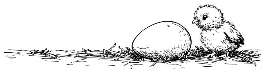 Little chick and egg in nest vintage woodcut engraving style, spring farm animal baby bird illustration © JakubVectorSketch