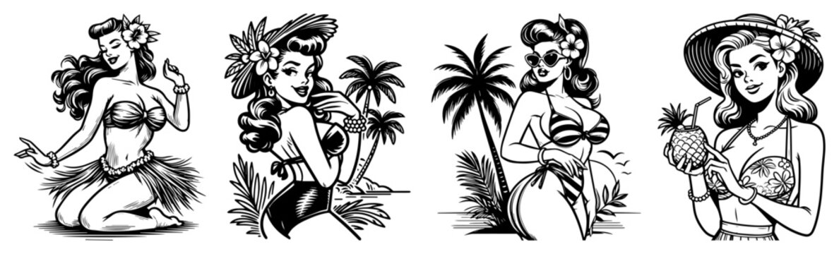 Vintage pin-up girls summer beach set, tropical hula dancers and bikini women retro vector illustrations