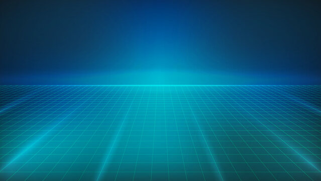 Neon grid background with retro 80s arcade aesthetics and glowing blue lines. Futuristic synthwave floor pattern with cyberpunk perspective and digital wireframe. Grid texture for game design project