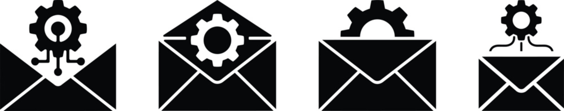 Envelopes with gear icons in black and white featuring various mechanical designs on the flaps featuring envelopes with icons, office supplies,