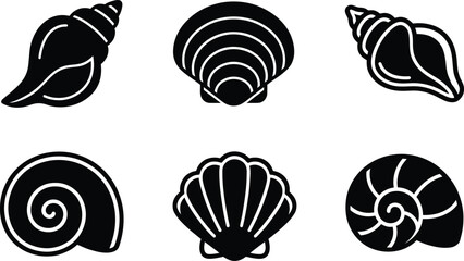 Set of six black silhouette seashell icons representing different ocean sea shells for marine and beach design © CleanIcons