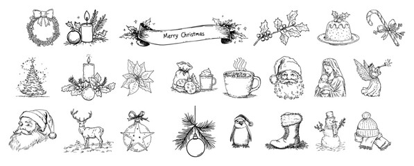 Christmas icons and holiday symbols set vintage woodcut engraving style, Santa Claus reindeer and winter ornaments © JakubVectorSketch