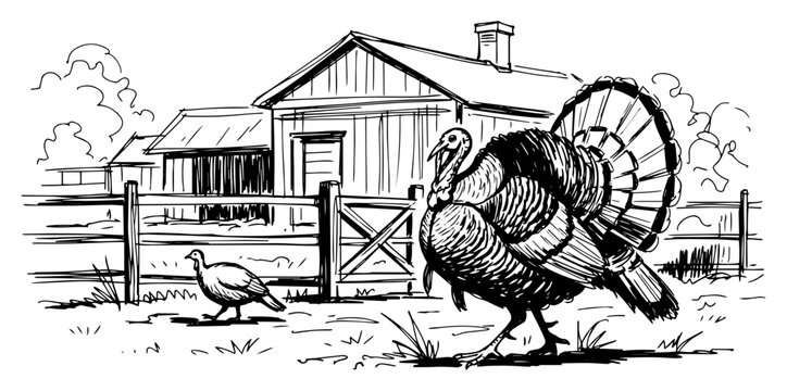 Turkey on a farm yard vintage woodcut engraving style, Thanksgiving poultry bird on rural ranch illustration