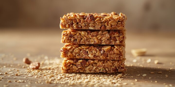 Close perspective on granola bars stacked for texture and ingredient focus